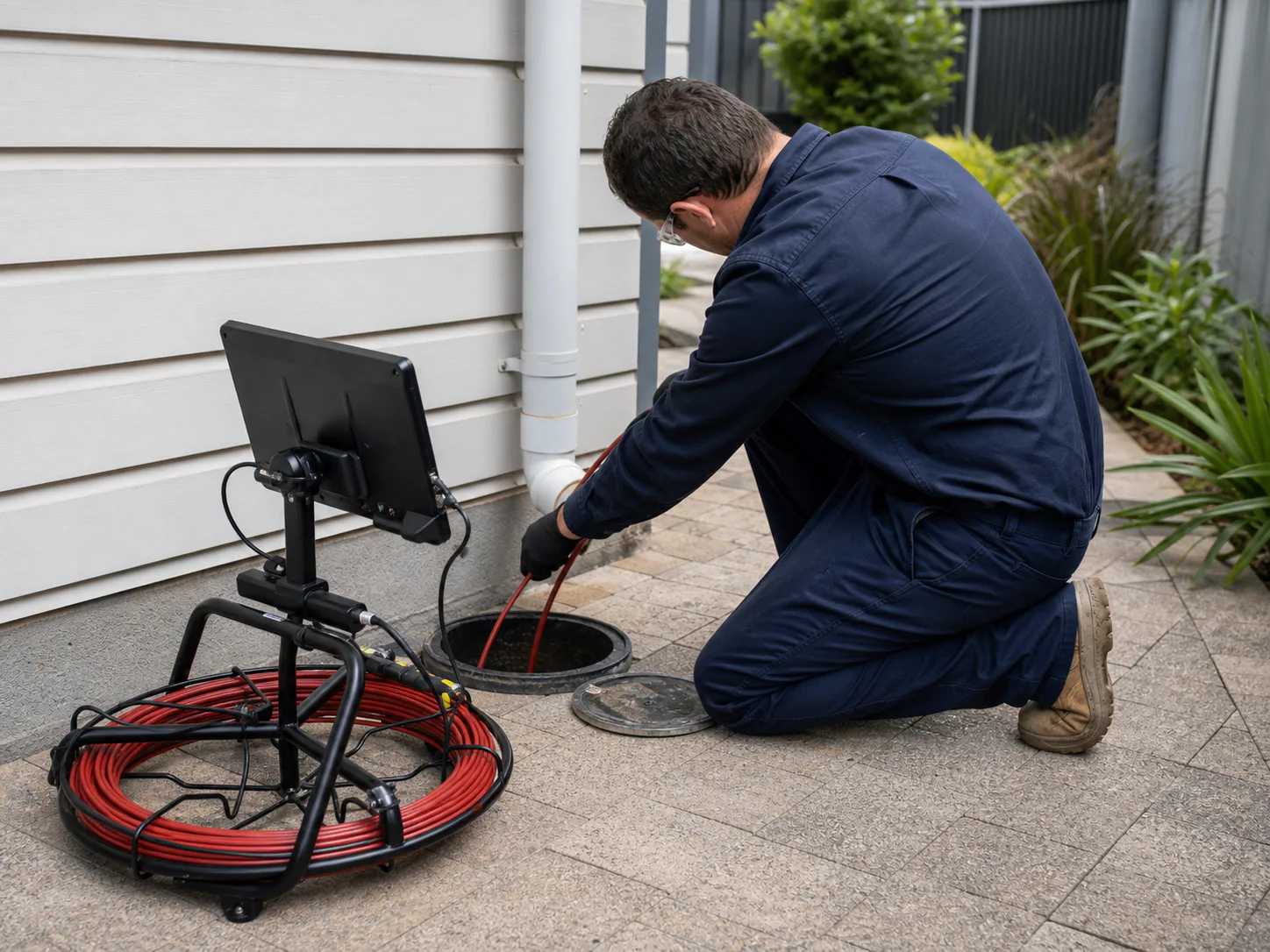 Service illustration of a technician using CCTV equipment at an exterior drain access point