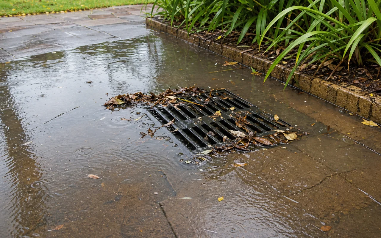 Simulated plumbing incident showing a blocked stormwater gully with leaves and pooled water