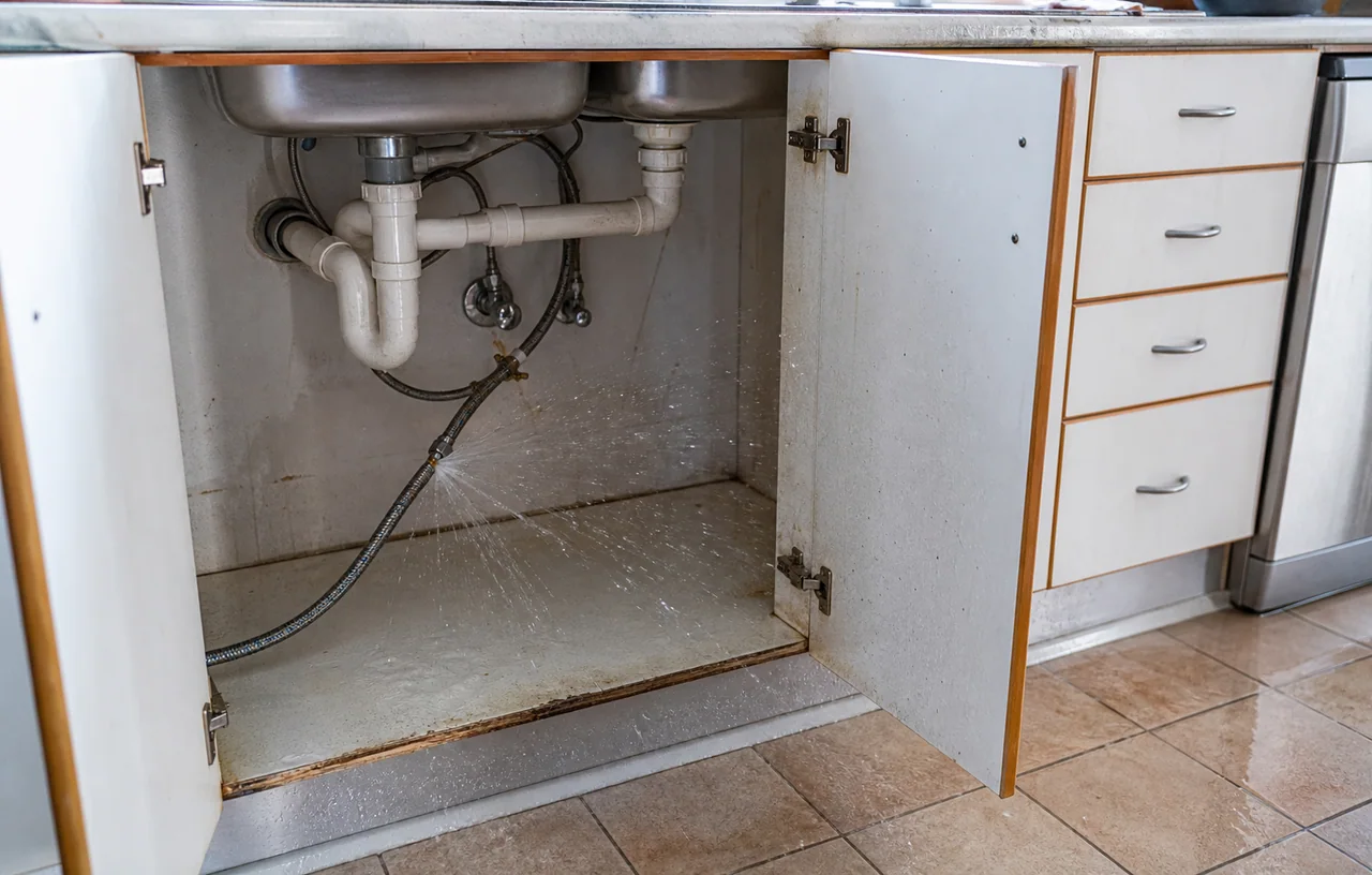 Simulated plumbing incident showing a burst braided hose spraying water beneath a kitchen sink