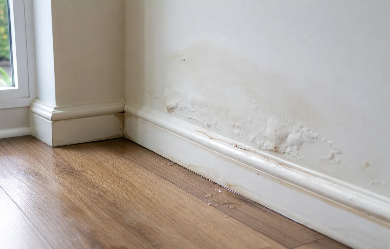 Simulated plumbing incident showing damp plaster, swollen skirting and a wet floor from a concealed leak