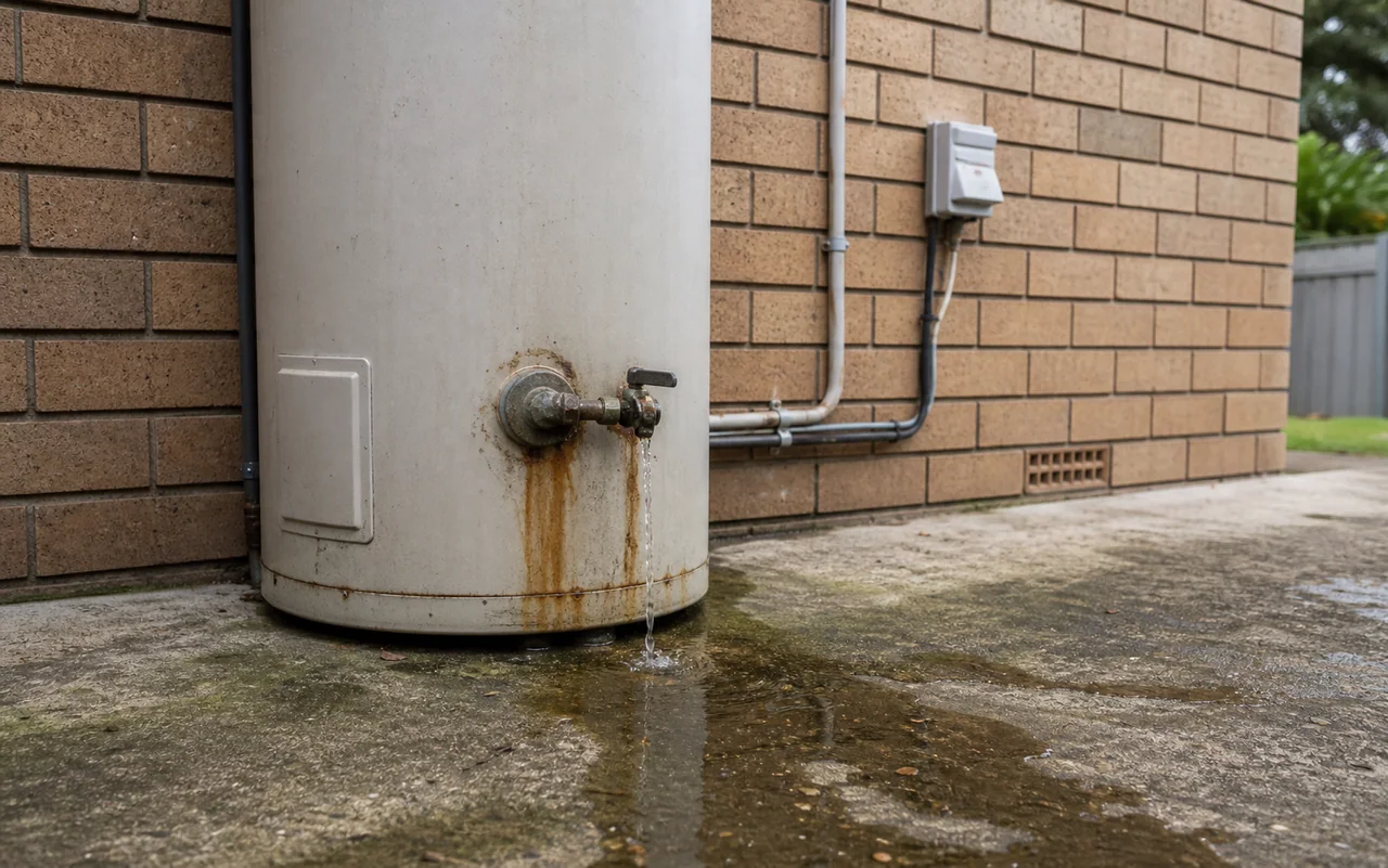 Simulated plumbing incident showing a leaking outdoor electric hot-water system