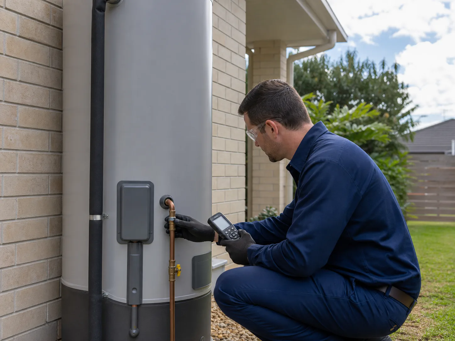 Service illustration of a technician assessing an external hot-water unit at an Australian home