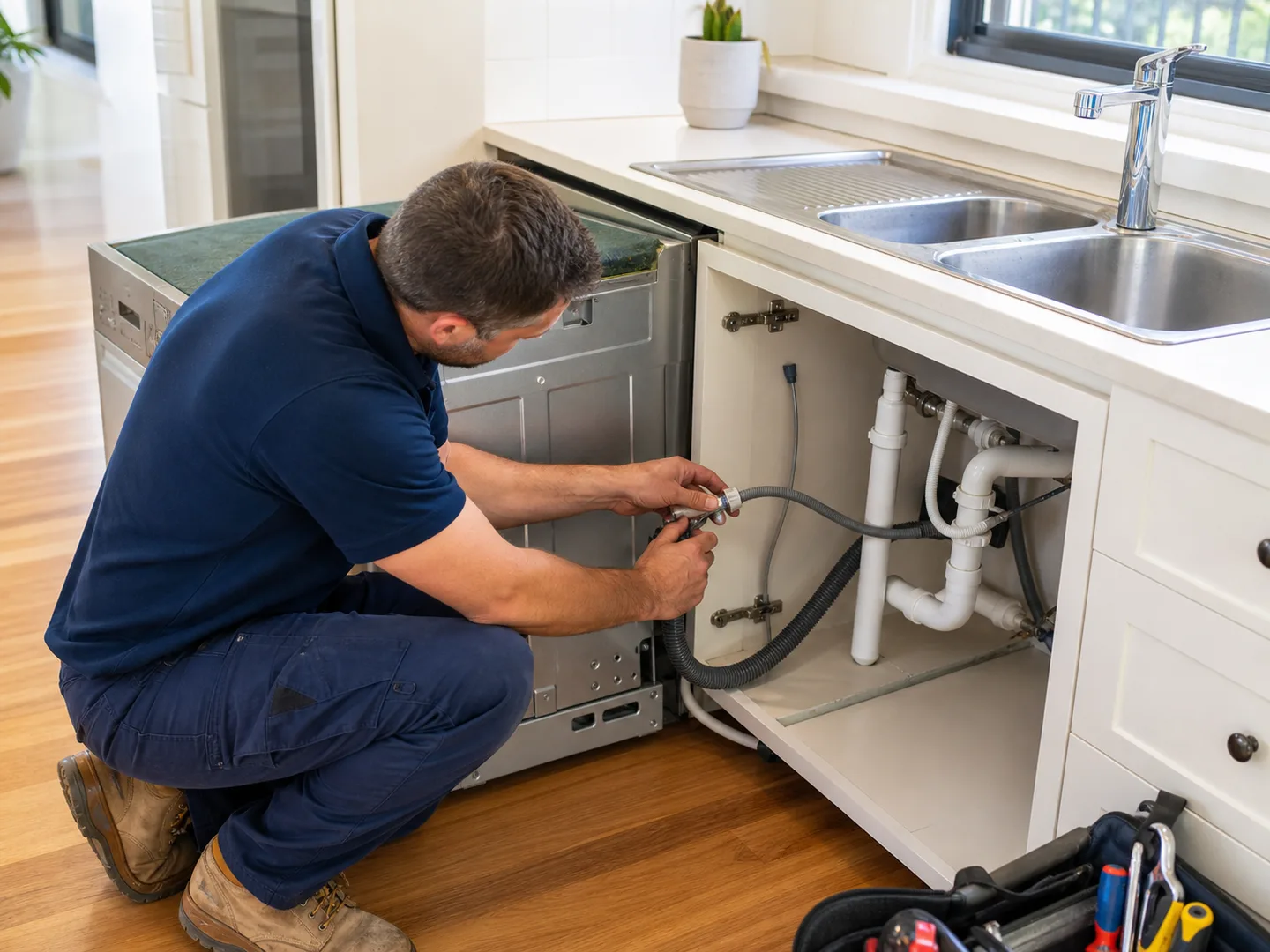 Service illustration of a plumber connecting dishwasher hoses beside a residential kitchen sink