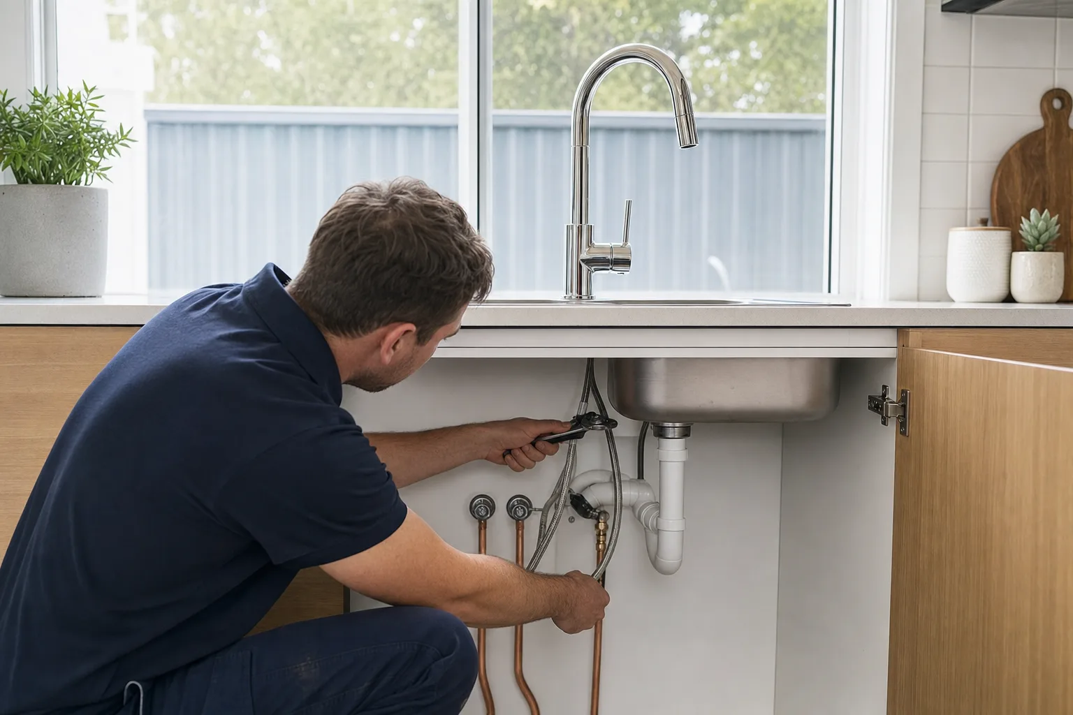 AI service illustration of a plumber checking kitchen mixer connections beneath a sink