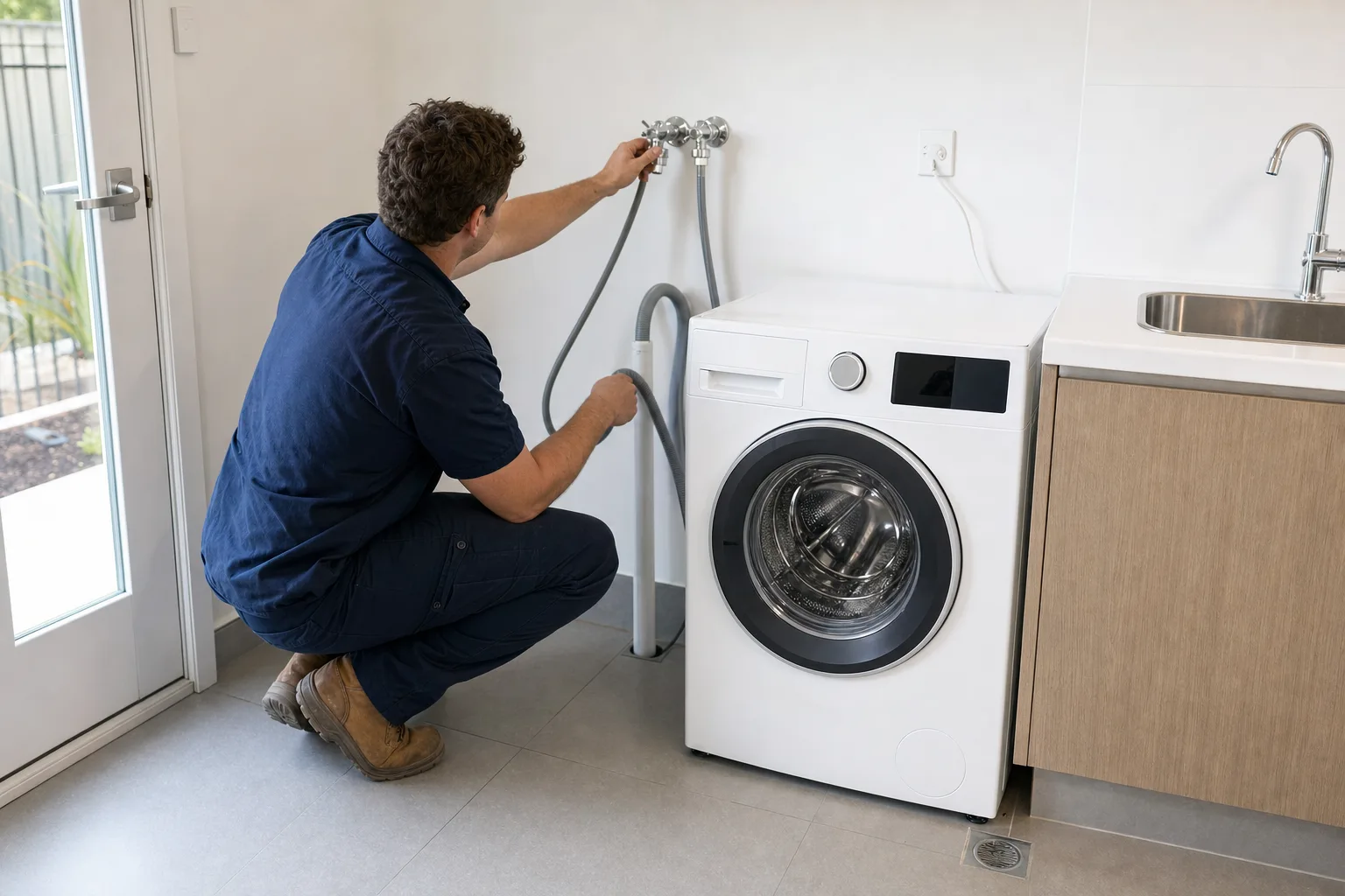 AI service illustration of a plumber assessing washing-machine hoses and a laundry standpipe