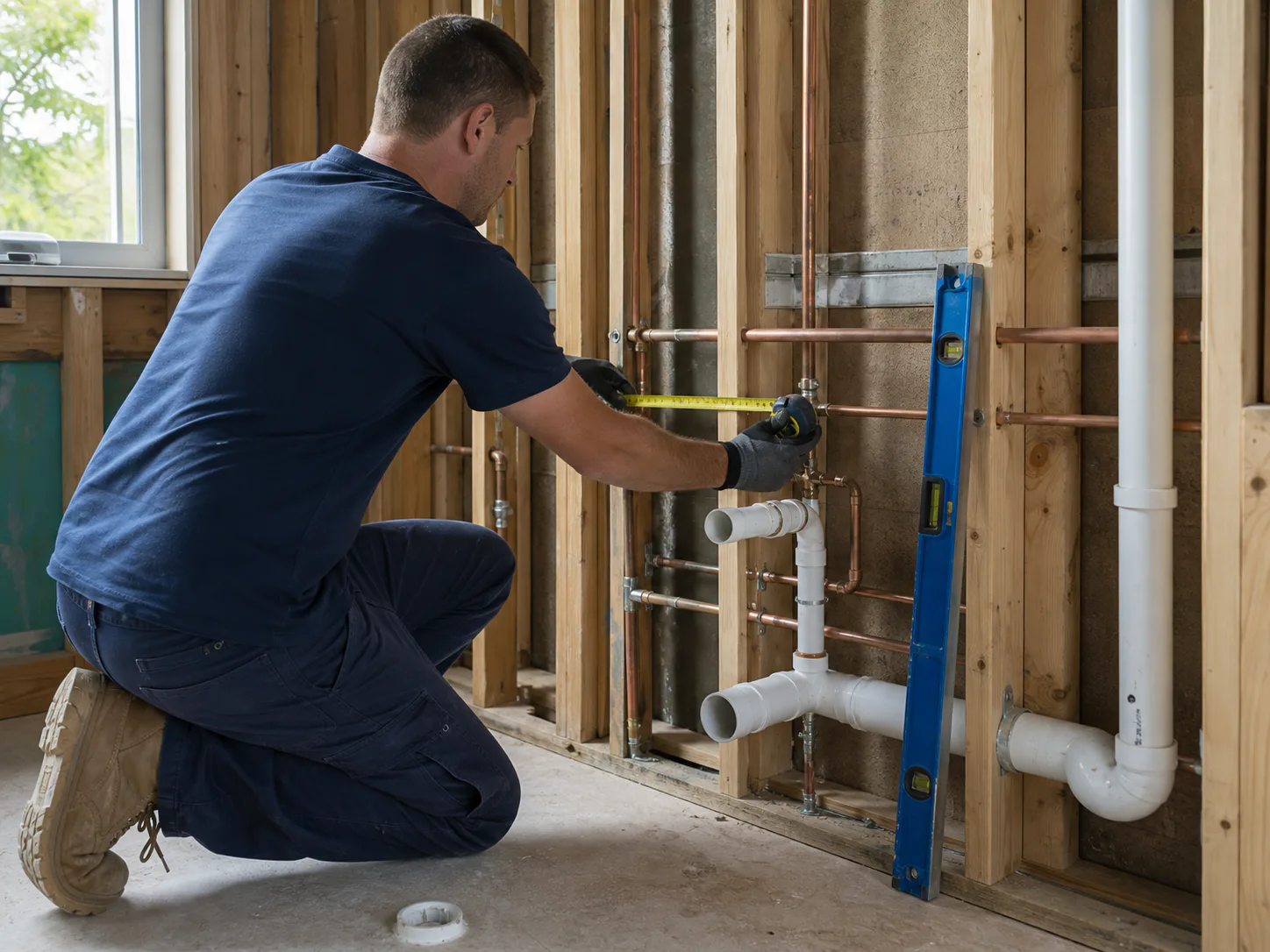 Service illustration of a technician measuring rough-in pipework during an Australian bathroom renovation