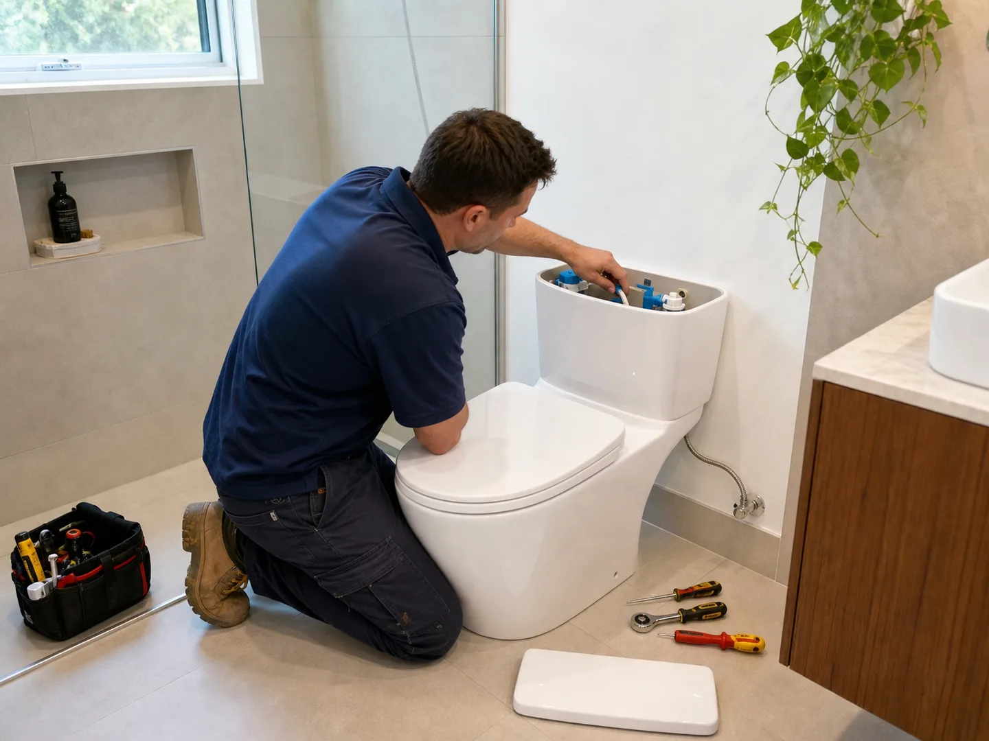 Service illustration of a plumber inspecting the cistern components of a residential toilet