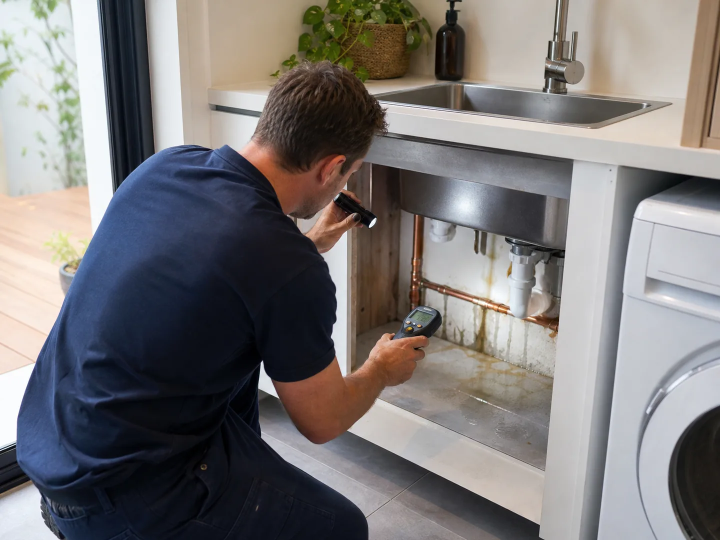 Service illustration of a plumber checking moisture and visible pipe connections beneath a laundry trough